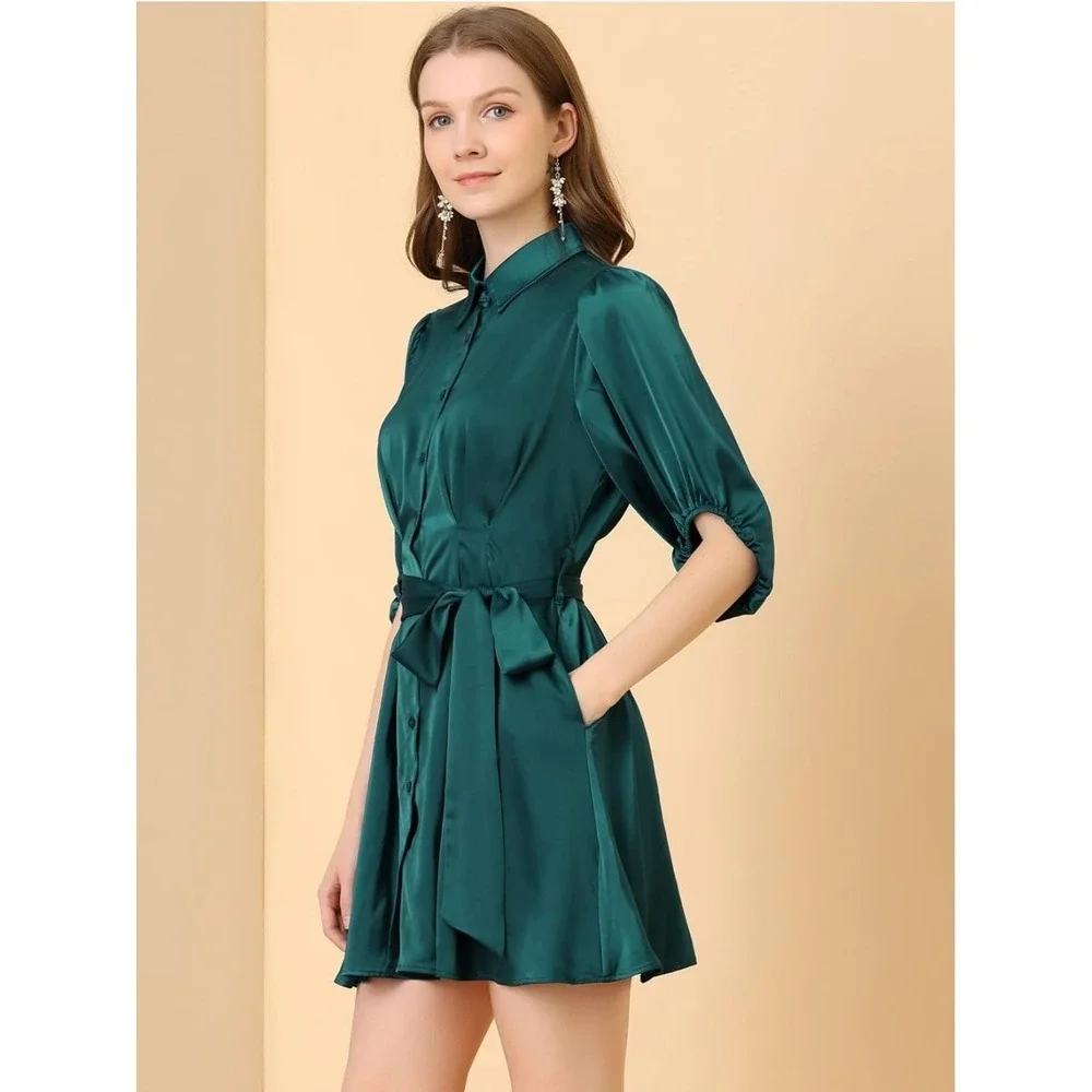 Emerald‎ Green Satin Shirt Dress Puff Sleeve Tie Waist Fit Flare Mini